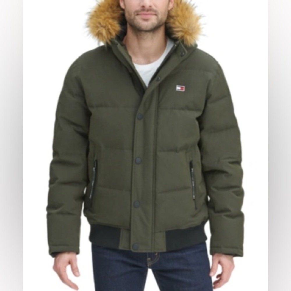 Tommy Hilfiger Dark Green Puffer Jacket with Fur Hood- size large